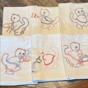 Vintage Embroidered Cat Kitchen Towels - Set of 6